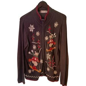 VTG Victoria Jones Christmas Cardigan Sweater Women's L Skiing Snowflakes Zip Up